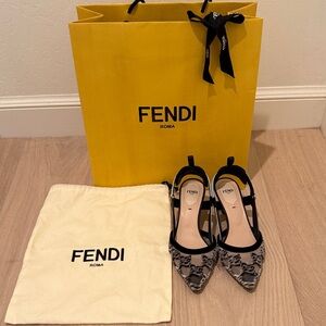 Fendi Colibri Heels FF Pattern Black and Gray 6.5